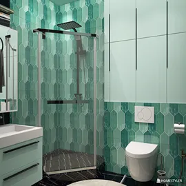 Modern bathroom featuring a glass shower enclosure with hexagonal green tiles, designed with a stylish aesthetic, showcasing the efficient use of space and the smart furniture arrangement capabilities of Homestyler.