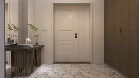 Entryway with a modern door design, featuring a minimalist decor style, enhancing the welcoming atmosphere of the space. This image showcases Homestyler's real-time 3D rendering for interior design preview.