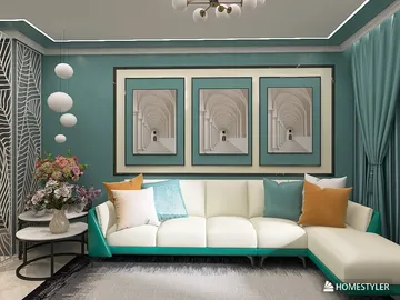modern living room with a teal accent wall featuring a stylish sectional sofa and abstract artwork showcasing a contemporary interior design concept using Homestyler's 3D rendering feature.