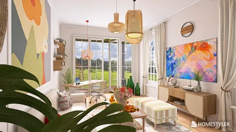 modern living room arrangement with colorful art, bright lighting, and natural decor, featuring indoor plants, showcasing interior design using Homestyler's real-time 3D rendering for a vibrant atmosphere