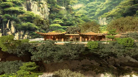 traditional architecture nestled in a lush landscape with surrounding greenery, showcasing a serene natural setting, utilizing Homestyler's real-time 3D rendering for an immersive design experience