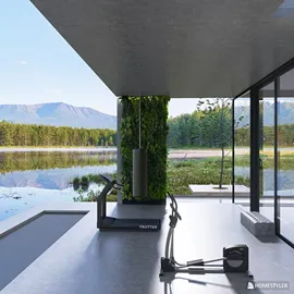 modern home gym with workout equipment overlooking lake and mountains, featuring a sleek design and open space aesthetic, utilizing Homestyler's real-time 3D rendering for a stunning visual preview