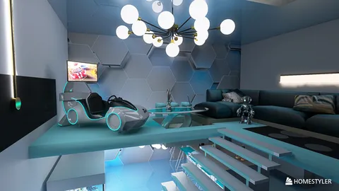 futuristic living room design featuring a sleek lounge chair and sci-fi elements with a focus on smart furniture layout, utilizing Homestyler's real-time 3D rendering for instant design visualization.