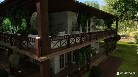 outdoor balcony with wooden railing showcasing lush greenery and comfortable seating arrangement in a modern rustic style, perfect for enhancing outdoor living spaces using Homestyler's real-time 3D rendering feature.