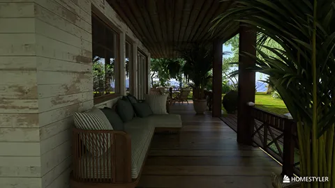 outdoor seating area with comfortable cushions featuring a cozy wood design, blending tropical and rustic styles, perfect for relaxation in the garden; showcasing Homestyler's real-time 3D rendering feature.