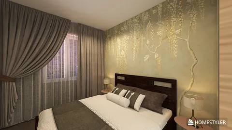 modern bedroom design featuring a floral wall mural and elegant curtains, creating a cozy atmosphere with soft lighting; includes smart furniture arrangement for optimal space utilization using Homestyler's real-time 3D rendering feature.
