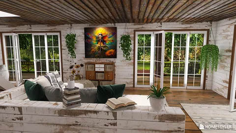cozy living room with rustic decor showcasing a comfortable sofa arrangement and lush green plants, designed using Homestyler's real-time 3D rendering feature for an inviting space.