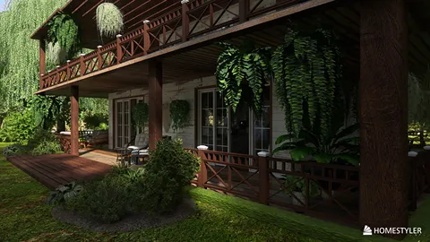 Cozy exterior seating area with lush greenery and wooden deck, featuring tropical plants and a rustic charm, showcasing Homestyler's real-time 3D rendering for immersive outdoor design.
