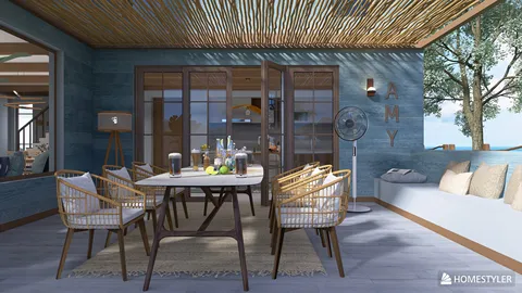 Dining area featuring a rustic table arrangement with stylish chairs, enhancing outdoor living space design, optimized for small home layouts using Homestyler's real-time 3D rendering.