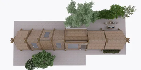 3D architectural model showcasing a wooden cabin structure with surrounding landscaping and outdoor seating area, highlighting unique exterior design, suitable for home design visualization using Homestyler's real-time 3D rendering feature.