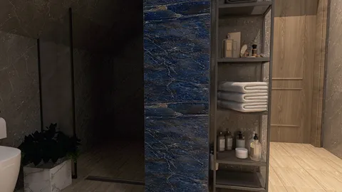 Modern bathroom design featuring a blue stone feature wall and shelving unit with towels and toiletries, showcasing interior decor ideas for small spaces using Homestyler's real-time 3D rendering.