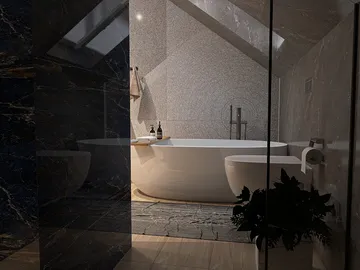 Luxurious bathroom featuring a freestanding bathtub and modern fixtures, designed with a contemporary style for relaxation, utilizing Homestyler's real-time 3D rendering feature.