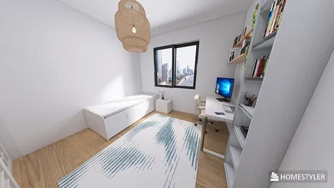 A modern bedroom featuring a study area with a desk and computer, emphasizing minimalist design with light wood flooring and a contemporary rug. This interior design showcases Homestyler's real-time 3D rendering capability for a quick preview of design proposals.