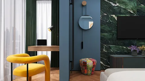 modern workspace with yellow chair and green curtains, showcasing 3D interior design optimization using Homestyler's intelligent furniture arrangement feature for small space enhancement