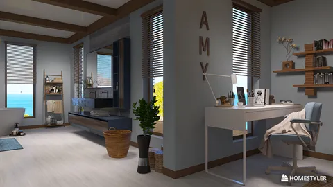 A cozy home office interior featuring a stylish desk and modern decor, designed using Homestyler's real-time 3D rendering for enhanced visualization.