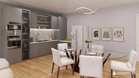 modern kitchen layout featuring sleek cabinetry and a glass dining table with white chairs, designed using Homestyler's real-time 3D rendering for an optimal interior decor experience.