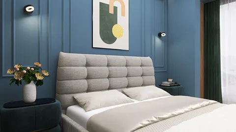modern bedroom design featuring a plush headboard, showcasing a calming blue wall color, with smart furniture arrangement maximizing space efficiency, utilizing Homestyler's AR virtual furniture placement for accurate visual integration.