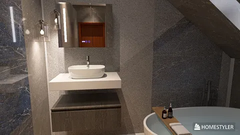modern bathroom design featuring a sleek vanity with a round sink and a decorative mirror, showcasing luxurious marble finishes, created using Homestyler's real-time 3D rendering feature for an immersive interior design experience.