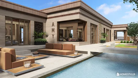 modern outdoor seating area with stylish furniture overlooking a serene pool designed using Homestyler for seamless 3D visualization of interior and exterior spaces