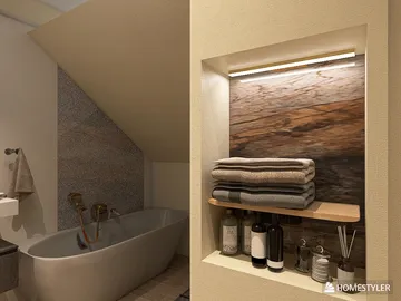 luxurious bathroom featuring a freestanding bathtub and organized towel storage in a modern minimalist style showcasing interior design principles; includes Homestyler's real-time 3D rendering feature for an accurate renovation preview.