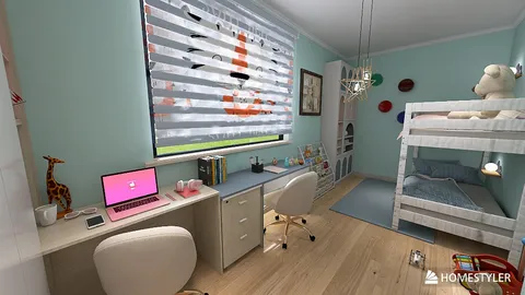 children's bedroom featuring a bunk bed and study area, designed with a playful style, showcasing modern interior decor with Homestyler's real-time 3D rendering function.