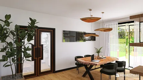 dining area with modern furniture arranged in a cozy layout featuring wooden accents and lush greenery, showcasing interior design for creating inviting spaces, utilizing Homestyler's real-time 3D rendering feature.