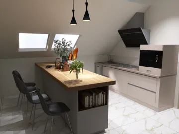 modern kitchen design featuring a sleek island layout with minimalist cabinetry, showcasing an open concept space perfect for small apartment living, enhanced by Homestyler's real-time 3D rendering feature.