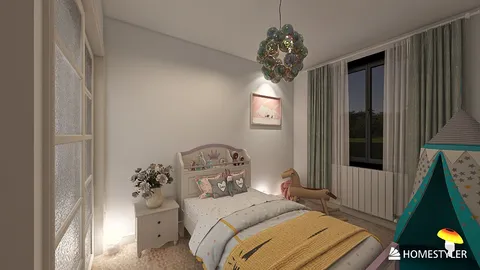 a cozy bedroom with a playful design featuring a multi-colored chandelier, soft bedding, and a charming wall decor, showcasing interior decoration ideas; includes Homestyler's real-time 3D rendering feature for quick design visualization.