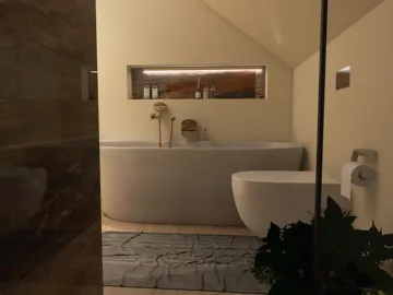 modern bathroom with freestanding tub and natural lighting showcasing a minimalist design for interior decor using Homestyler's real-time 3D rendering feature