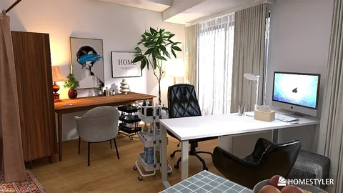 work desk in a modern home office design featuring a stylish chair and contemporary decor, focusing on optimizing workspace with Homestyler's real-time 3D rendering feature.