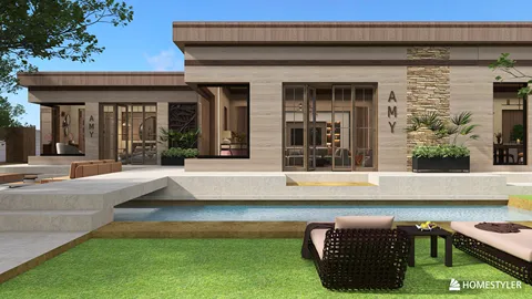 modern exterior design of a house with large windows featuring a relaxing garden and patio area using AR virtual furniture placement for accurate landscaping