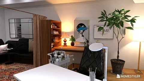 A cozy home office layout featuring a stylish desk with a lamp, artwork on the walls, and a plant for decoration, designed using Homestyler's intelligent furniture arrangement feature for optimal small space utilization.
