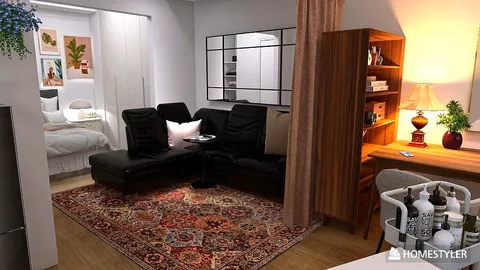 Contemporary living area with a cozy sofa arrangement and a stylish desk, featuring a warm color palette and modern decor elements, showcasing interior design optimization using Homestyler's real-time 3D rendering feature.