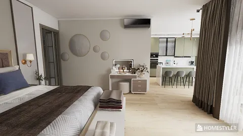 modern bedroom with creative wall decor featuring 3D circular elements, designed using Homestyler's real-time 3D rendering feature for creating an inviting interior decor atmosphere