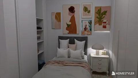 cozy bedroom design featuring a stylish bed arrangement with decorative wall art adding a bohemian touch, showcasing interior decor optimization using Homestyler's 3D rendering feature.