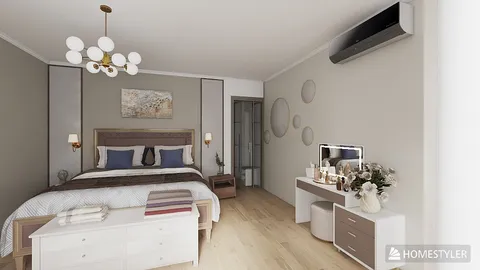 modern bedroom design featuring a cozy bed and stylish furniture arrangement in a contemporary style, showcasing Homestyler's real-time 3D rendering capabilities.
