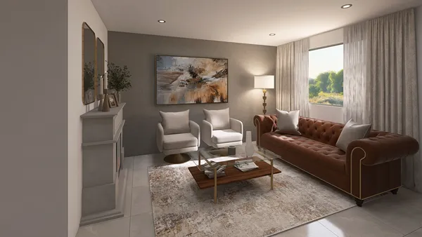 living room with stylish furniture arrangement and elegant decor showcasing a modern aesthetic, featuring a 3D interior design visualization created with Homestyler's real-time 3D rendering function.