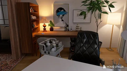 home office setup featuring a stylish desk with a modern chair, incorporating a blend of contemporary and classic design styles, showcasing the use of Homestyler's real-time 3D rendering feature for design visualization.