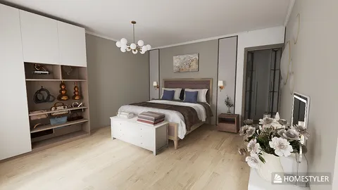 modern bedroom design showcasing a cozy atmosphere with elegant furniture arrangement, featuring a stylish bed, accent decor, and a warm color palette, utilizing Homestyler's real-time 3D rendering feature for a lifelike preview.