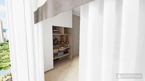 Interior hallway featuring a minimalist cabinet showcasing decorative items, designed in a modern style to optimize small spaces using Homestyler's real-time 3D rendering.