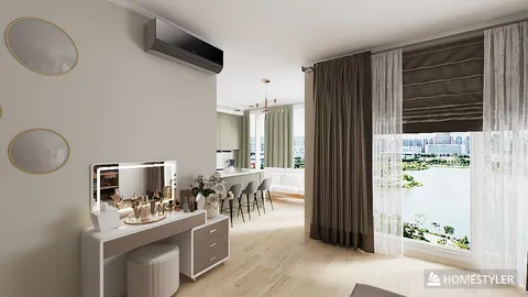 Modern living room design featuring a sleek vanity and large windows with a scenic view, utilizing Homestyler's real-time 3D rendering for an immersive interior decor experience.
