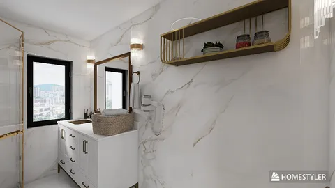 Modern bathroom design featuring a sleek vessel sink and stylish wall-mounted shelves, showcasing elegant marble tiles and luxury fixtures, optimized for interior decor with Homestyler's real-time 3D rendering capabilities.