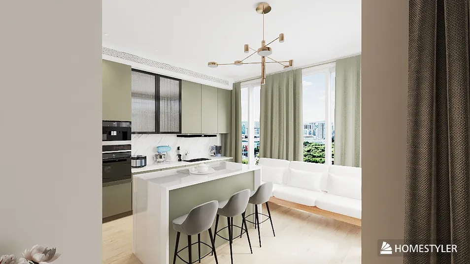 kitchen with modern furniture layout showcasing minimalist design in a stylish space optimized using Homestyler's real-time 3D rendering feature