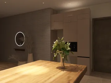 Minimalist kitchen featuring stylish cabinetry and elegant floral arrangement, utilizing real-time 3D rendering for vibrant interior decor visualizations.