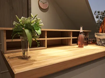 Wooden countertop with a vase of flowers and a bottle, showcasing interior design styling to enhance space value using Homestyler's real-time 3D rendering feature.
