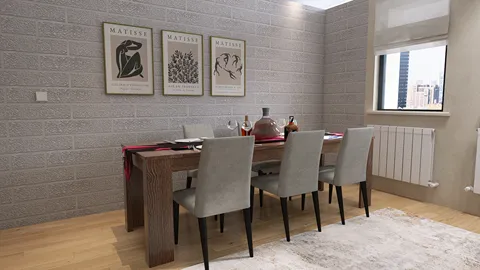 dining room with a wooden table and gray chairs featuring modern decor and a cozy atmosphere, showcasing Homestyler's real-time 3D rendering feature for quick design previews.