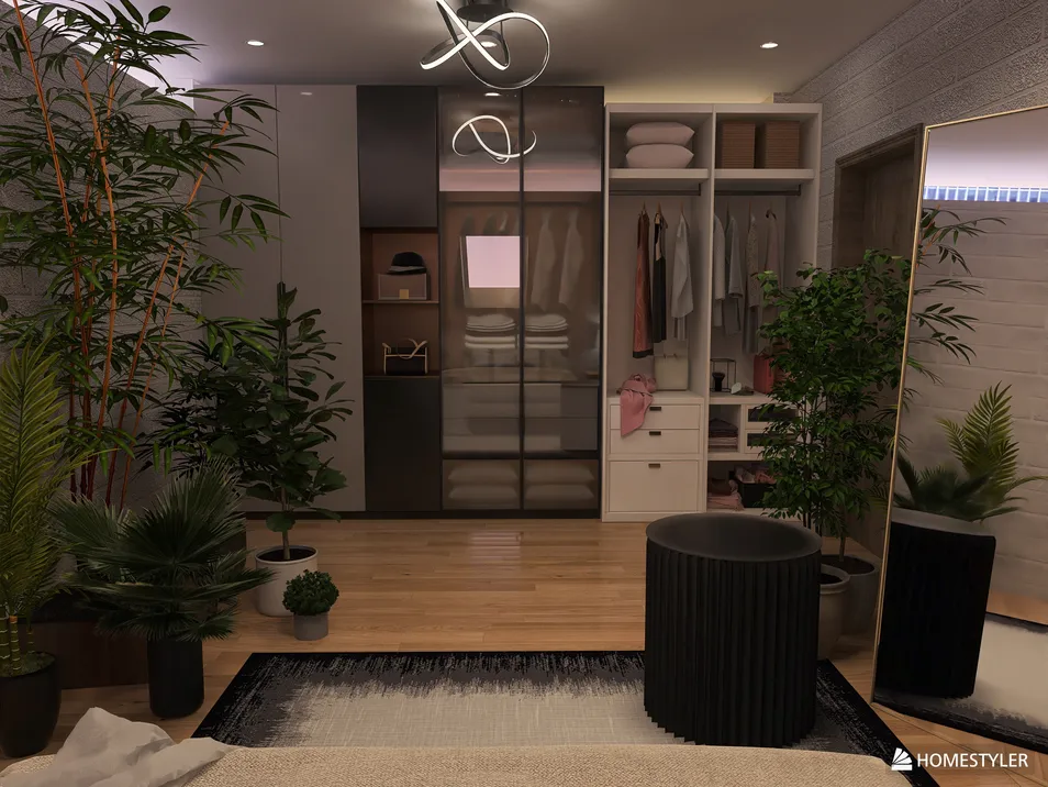 Modern wardrobe arrangement showcasing a sleek design with integrated storage and greenery, creating a stylish and functional interior space, utilizing Homestyler's real-time 3D rendering feature.