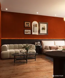 modern living room featuring a cozy sofa arrangement with an accent wall in terracotta, showcasing a warm and inviting atmosphere, utilizing Homestyler's real-time 3D rendering functionality for a detailed design preview.