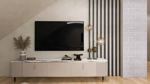 modern living room featuring a sleek TV unit with decorative elements and textured wall design, showcasing contemporary interior decor aesthetics with Homestyler's real-time 3D rendering functionality