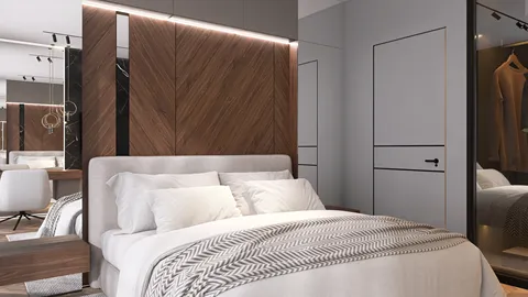 Modern bedroom design featuring a stylish bed with a textured throw, showcasing a cozy and contemporary style; ideal for enhancing relaxation in an interior decor layout using Homestyler's real-time 3D rendering feature.